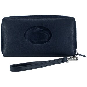 navy leather wristlet wallet with Penn State Athletic Logo